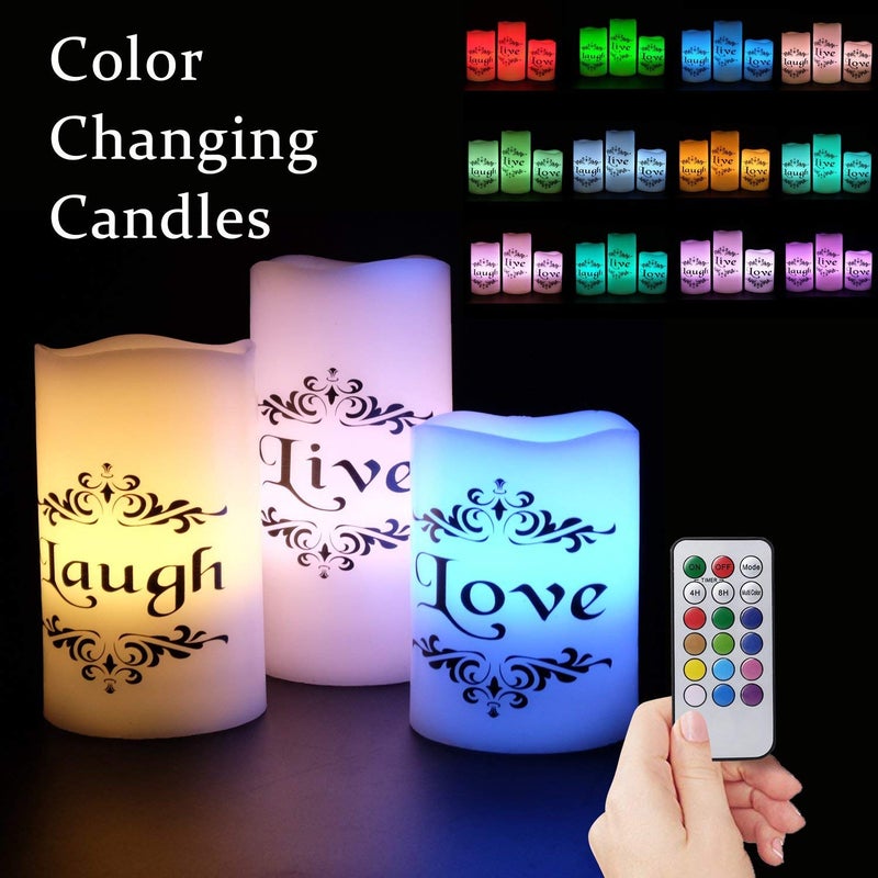 DRomance Color Changing LED Flameless Candles with 18-Key Remote and Timer, Live Love Laugh Decals Battery Operated LED Flickering Pillar Candles Dinner Wedding Decor 3 x 4, 5, 6 - Image 3